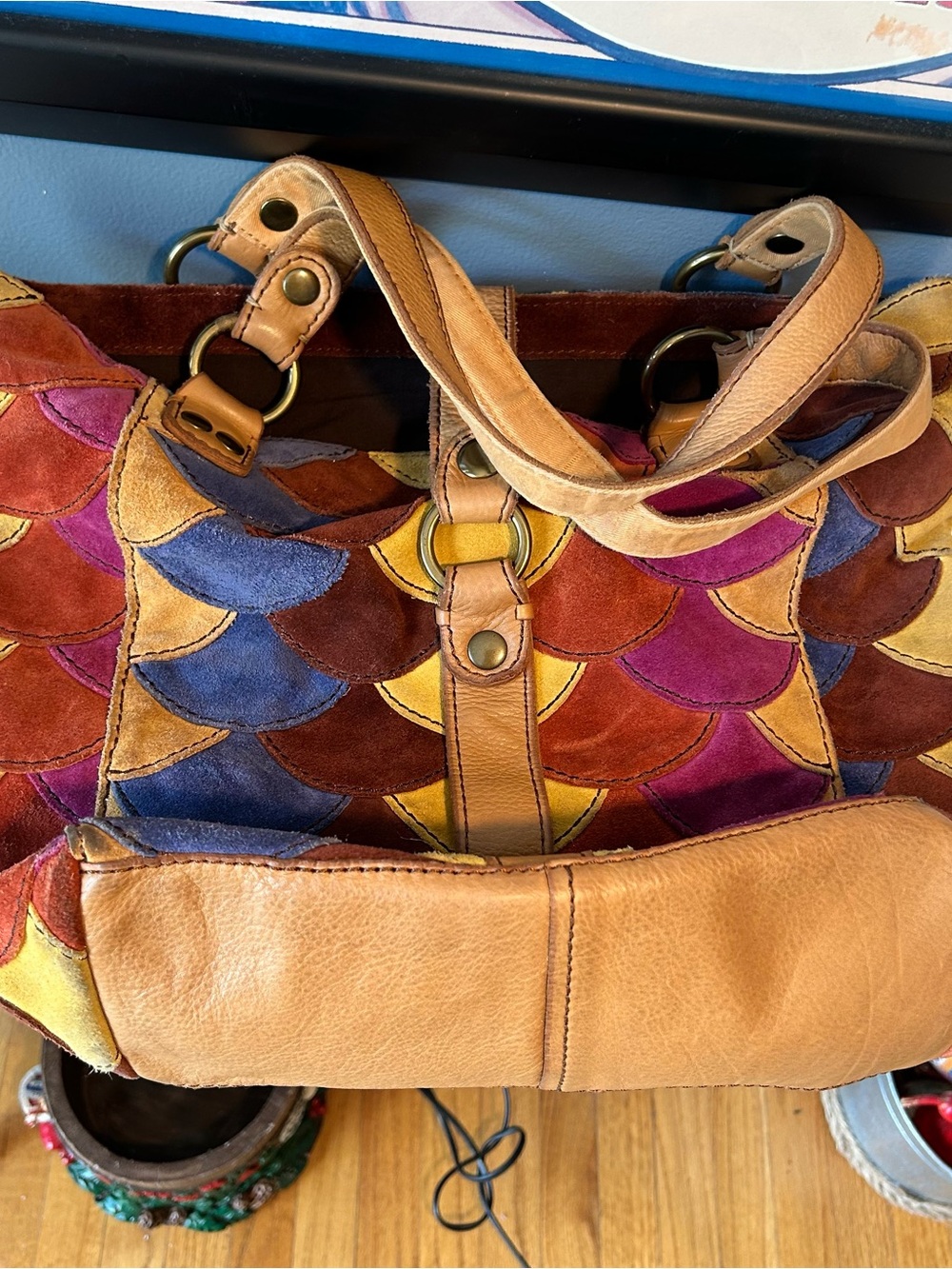 LUCKY BRAND MultiColor Scallop Patchwork Leather Shoulder Boho Tote - Picture 12 of 15